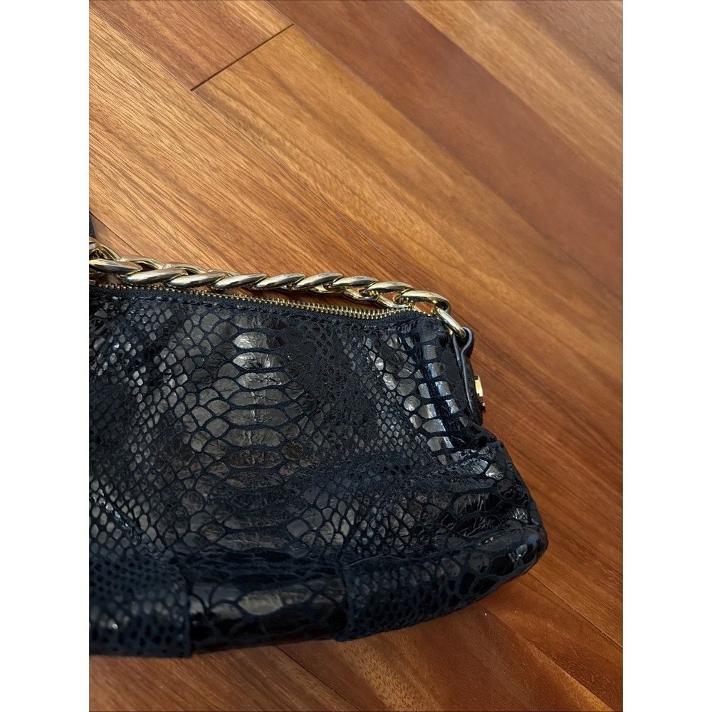 Michael Kors Black Python Embossed Leather Tote Bag Gold Chain Strap Clutch - Picture 3 of 7